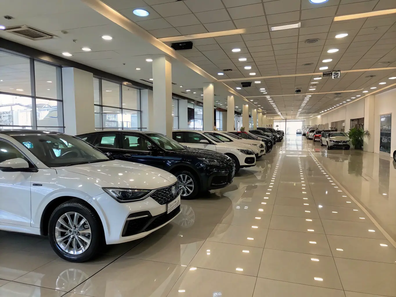A modern car dealership showroom with a variety of new cars on display, showcasing CAPRION LLC's vehicle sales offerings.