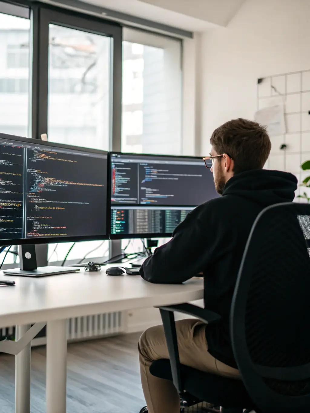 A developer coding on a computer with multiple screens, highlighting CAPRION LLC's software and web development capabilities.