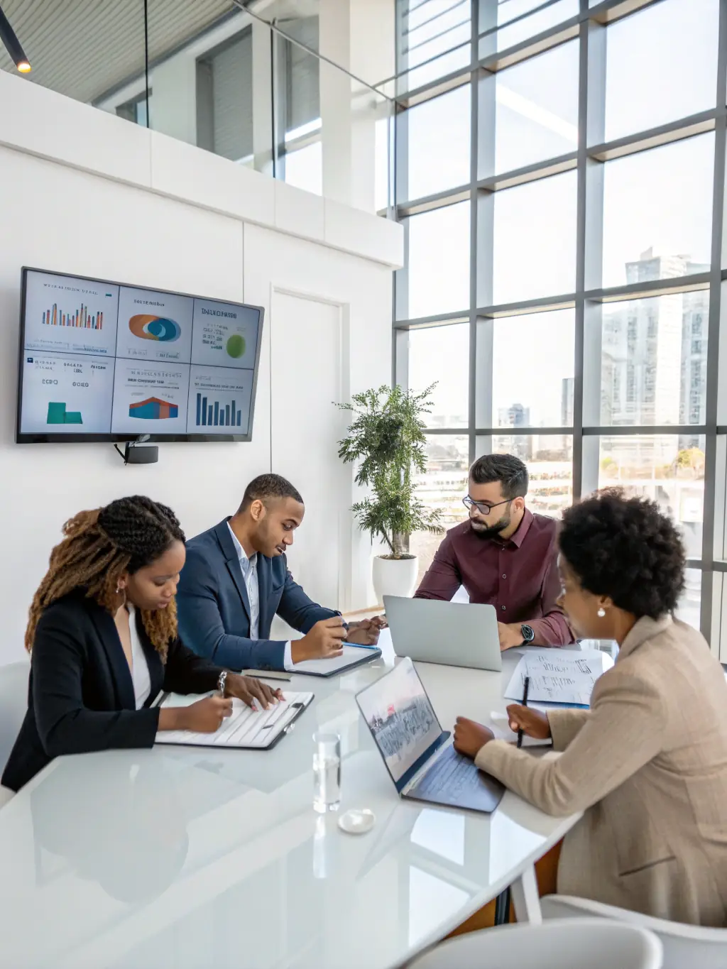 A diverse team of consultants brainstorming in a modern office, showcasing CAPRION LLC's collaborative approach to problem-solving.