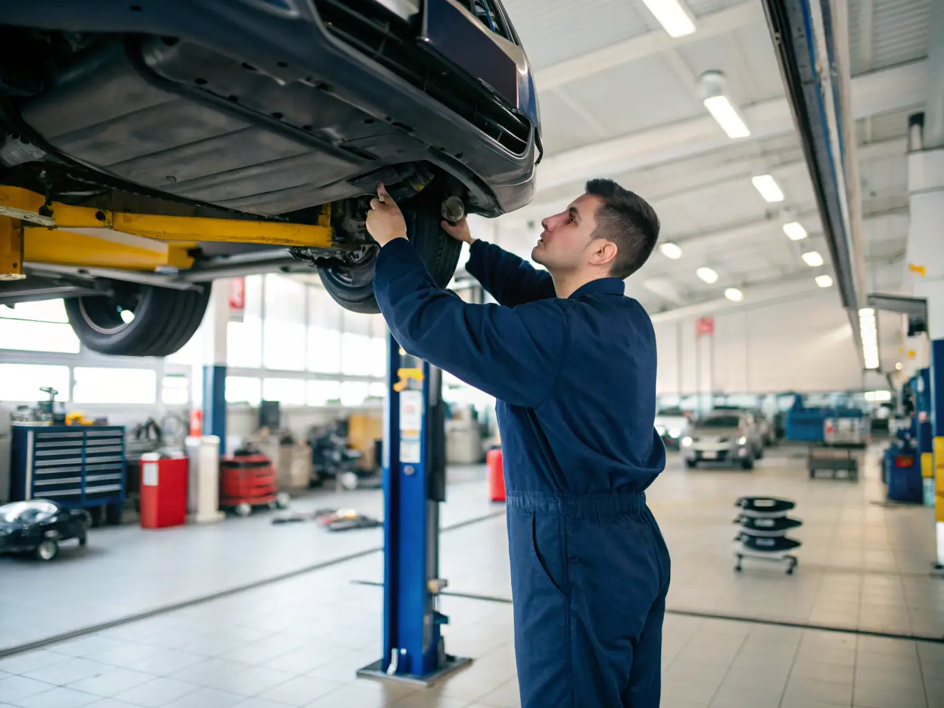 A clean and organized automotive repair shop with mechanics working on a vehicle, highlighting CAPRION LLC's repair services.