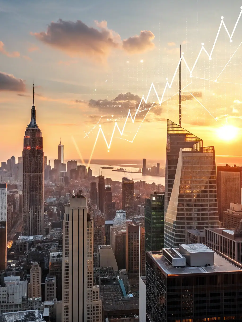 A graph showing upward trends in investment performance, with a cityscape in the background, representing successful investment advisory.
