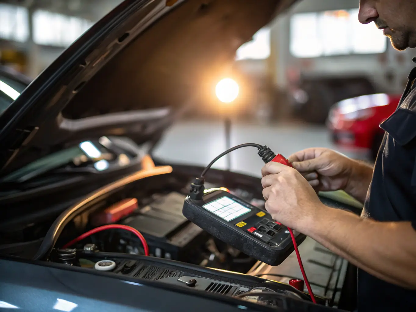 A close-up shot of a mechanic's hand pointing to a diagnostic screen, emphasizing CAPRION LLC's commitment to quality and service guarantees.